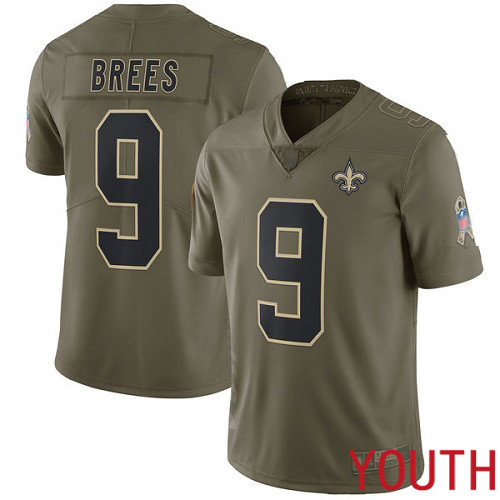 New Orleans Saints Limited Olive Youth Drew Brees Jersey NFL Football #9 2017 Salute to Service Jersey->youth nfl jersey->Youth Jersey